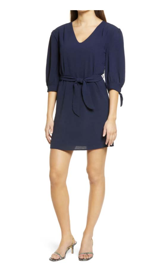 Fraiche by J Puff Sleeve Tie Waist Dress Navy Blue wedding guest dresses