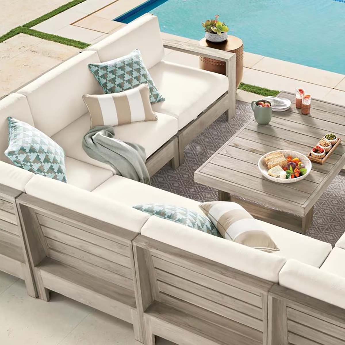 Frontgate St. Kitts Modular Seating Collection in Weathered Teak best outdoor teak sectionals