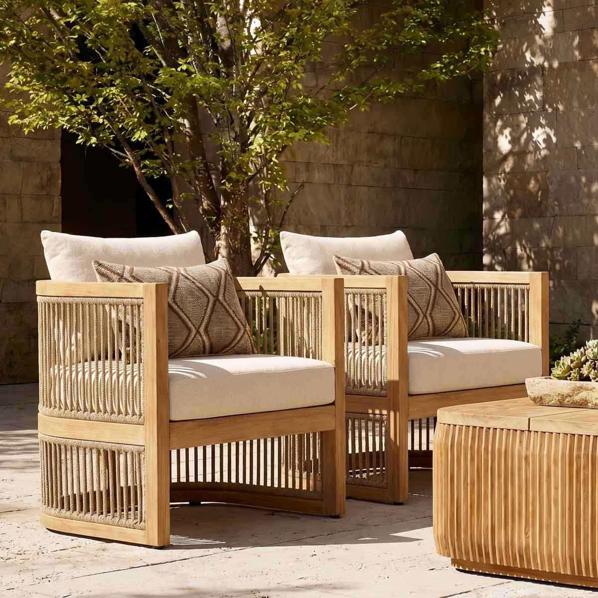 Gracie Oaks Brecht Outdoor Acacia Wood Woven Rope Lounge Chair With Cushions (Set of 2) best outdoor rope chairs