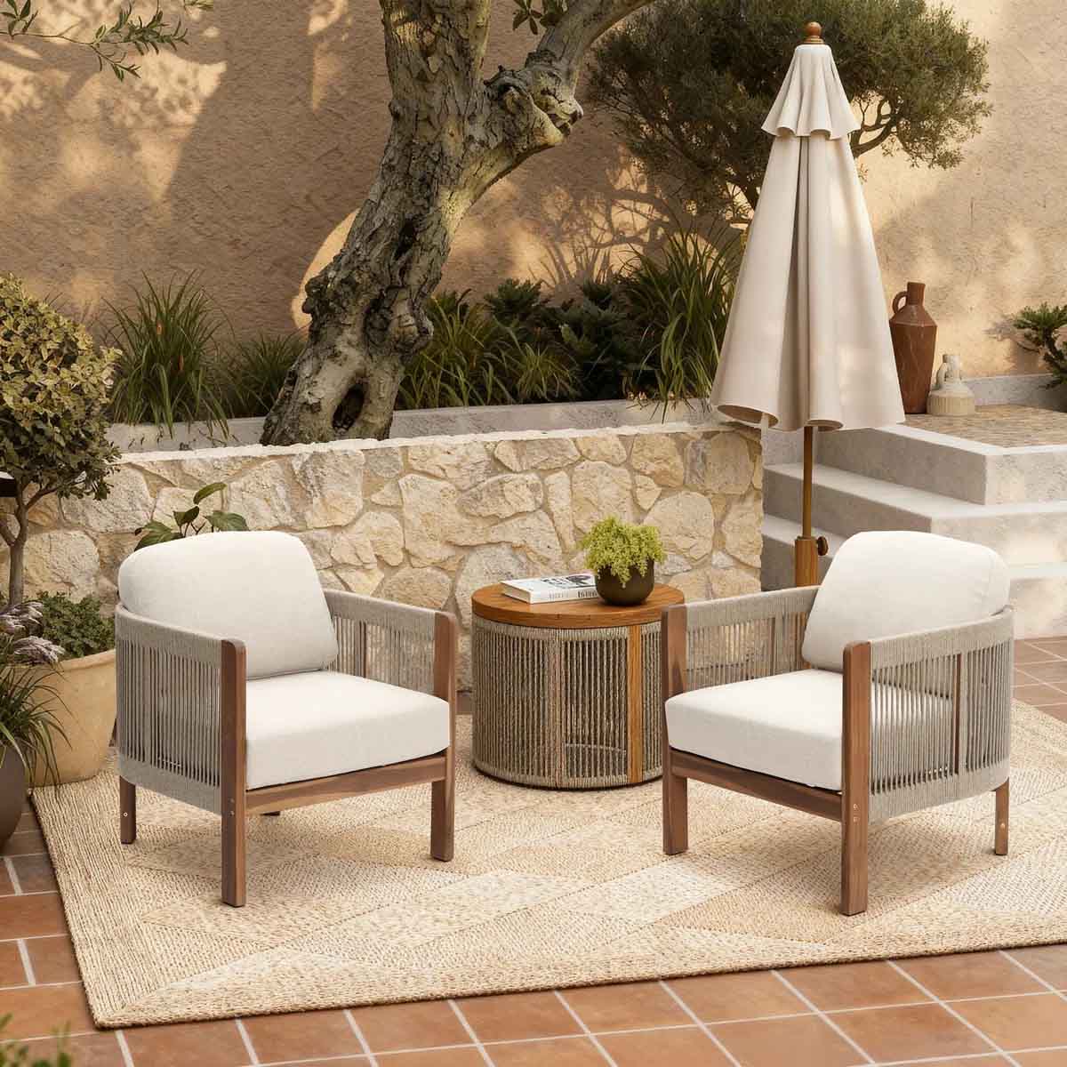 Highland Dunes Outdoor Solid Wood Patio Armchair with Handwoven Rope Backrest best outdoor rope chairs patio