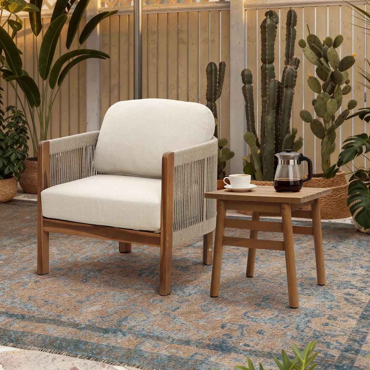Highland Dunes Outdoor Solid Wood Patio Armchair with Handwoven Rope Backrest best outdoor rope chairs