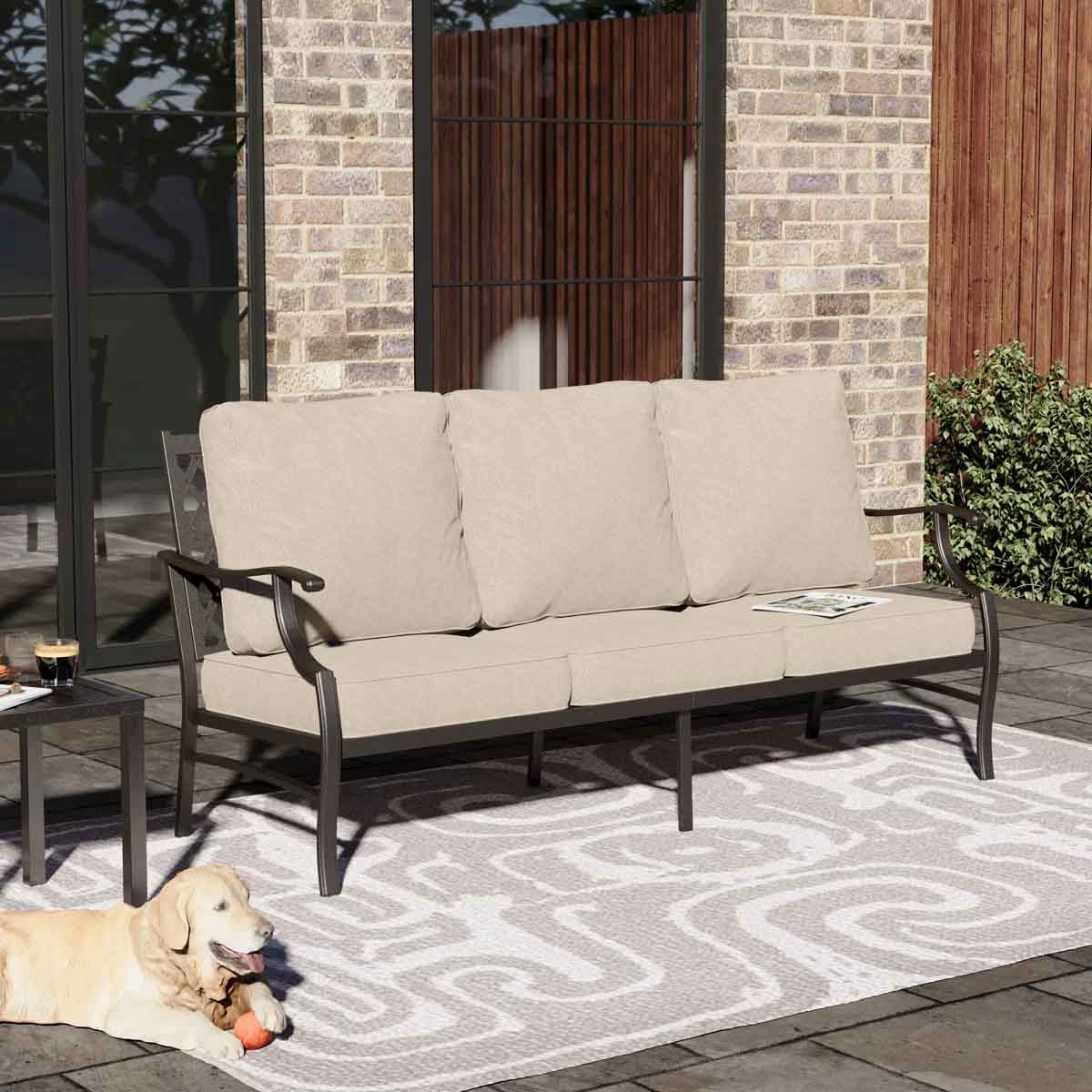 Lark Manor Amayia Metal Outdoor Patio Sofa with Cushions best metal outdoor sofas