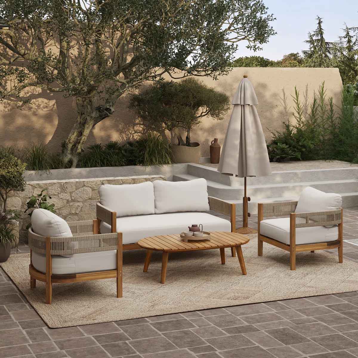 Latitude Run Outdoor Acacia Wood with Rope Sides Club Armchair with Cushions best outdoor rope chairs patio