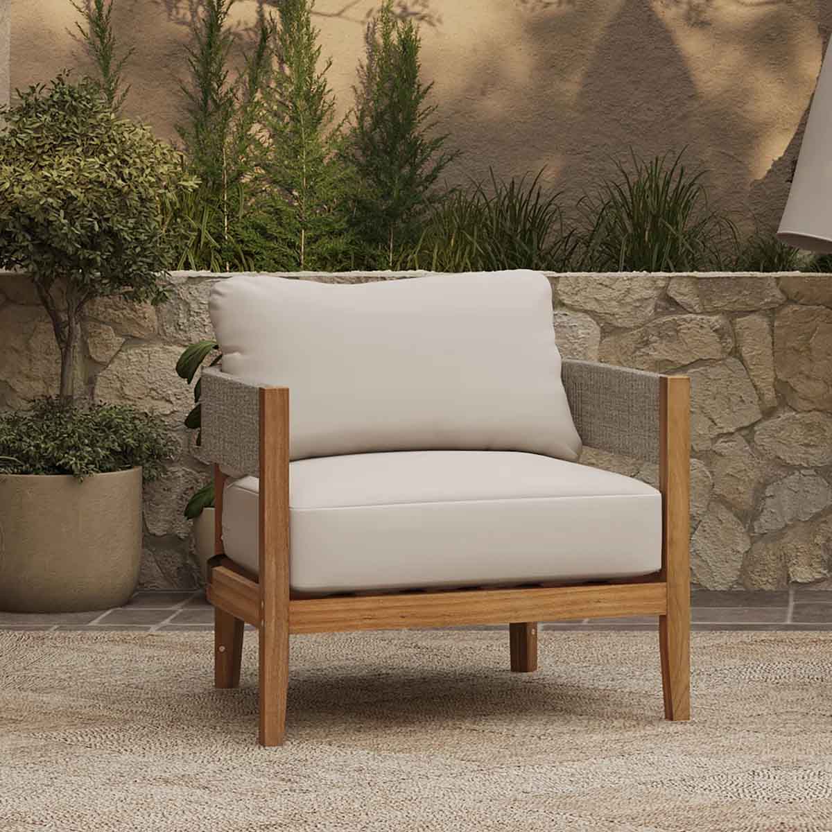 Latitude Run Outdoor Acacia Wood with Rope Sides Club Armchair with Cushions best outdoor rope chairs