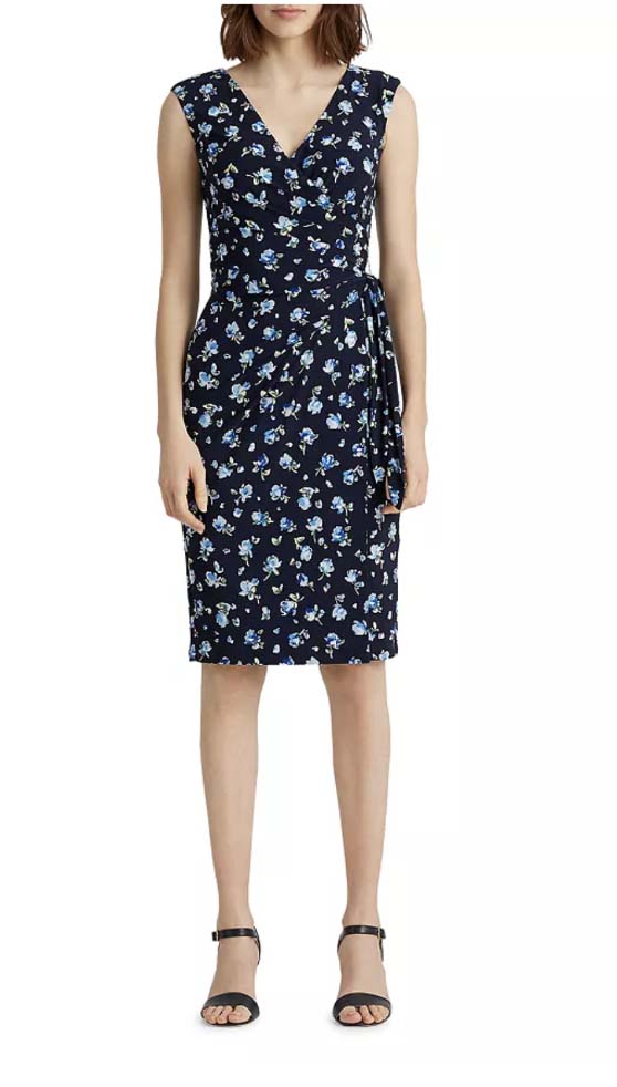 Lauren Ralph Lauren Floral Print Jersey Wrap-Style Dress Navy Blue Multi wedding guest dresses under 150 dollars