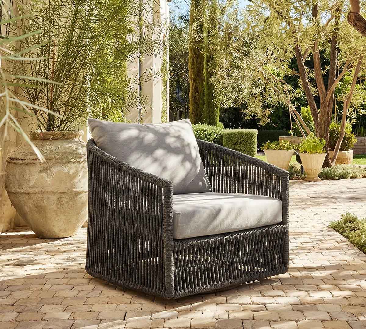 Pottery Barn Darley Rope Swivel Outdoor Lounge Chair Charcoal Gray best outdoor rope chairs
