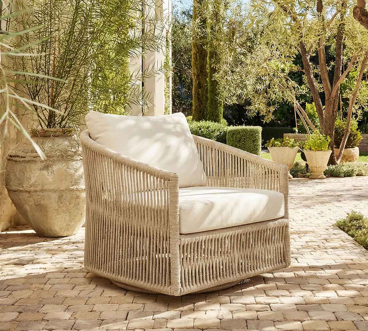 Pottery Barn Darley Rope Swivel Outdoor Lounge Chair White best outdoor rope chairs