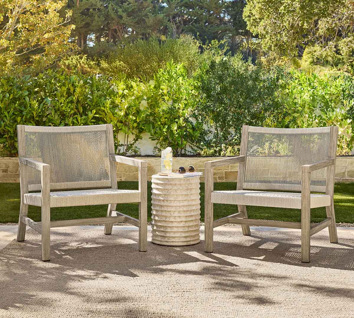 Pottery Barn Indio Coastal Mahogany & Rope Outdoor Lounge Chair Weathered Gray and Oat Rope best outdoor rope chairs