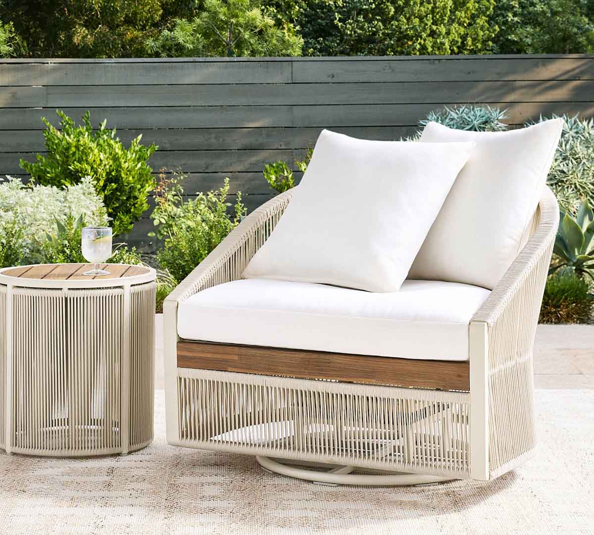 Pottery Barn Lakewood Rope Swivel Outdoor Grand Lounge Chair rope outdoor chairs best