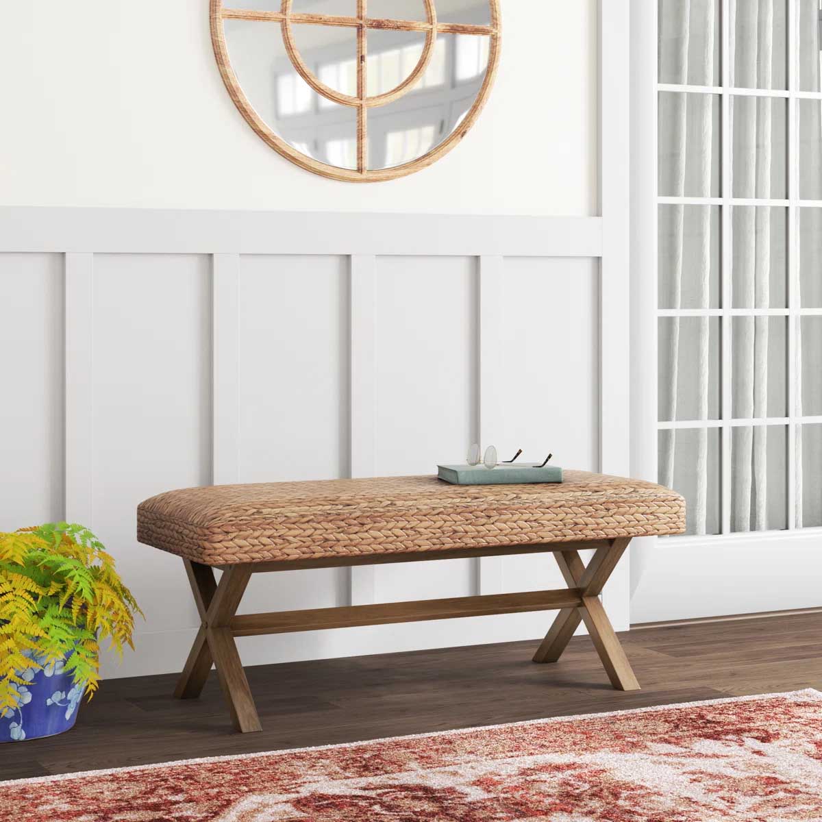 Rosecliff Heights Seadrift Hand-woven Water Hyacinth Accent Bench best rattan benches living room entryway