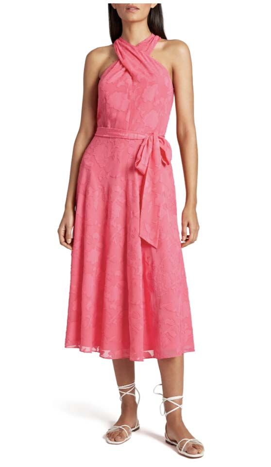 Tahari Floral Clipped Chiffon Sleeveless Midi Dress Neon Coral Pink wedding guest dresses
