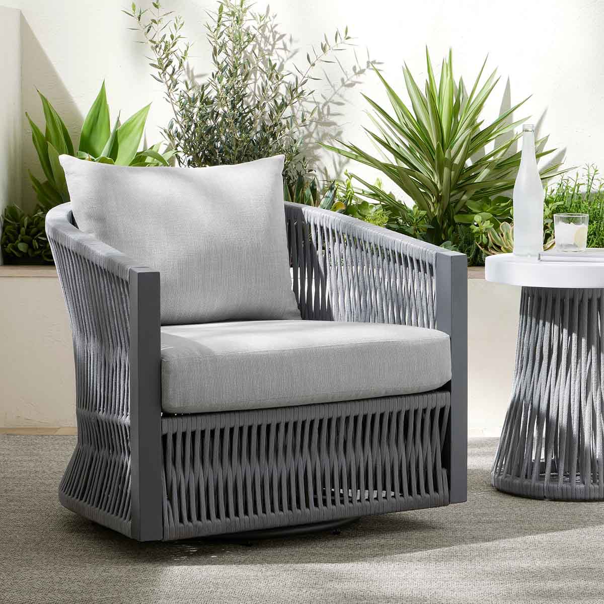 Williams Sonoma Home Pasadena Outdoor Metal and Rope Swivel Chair best outdoor rope chairs