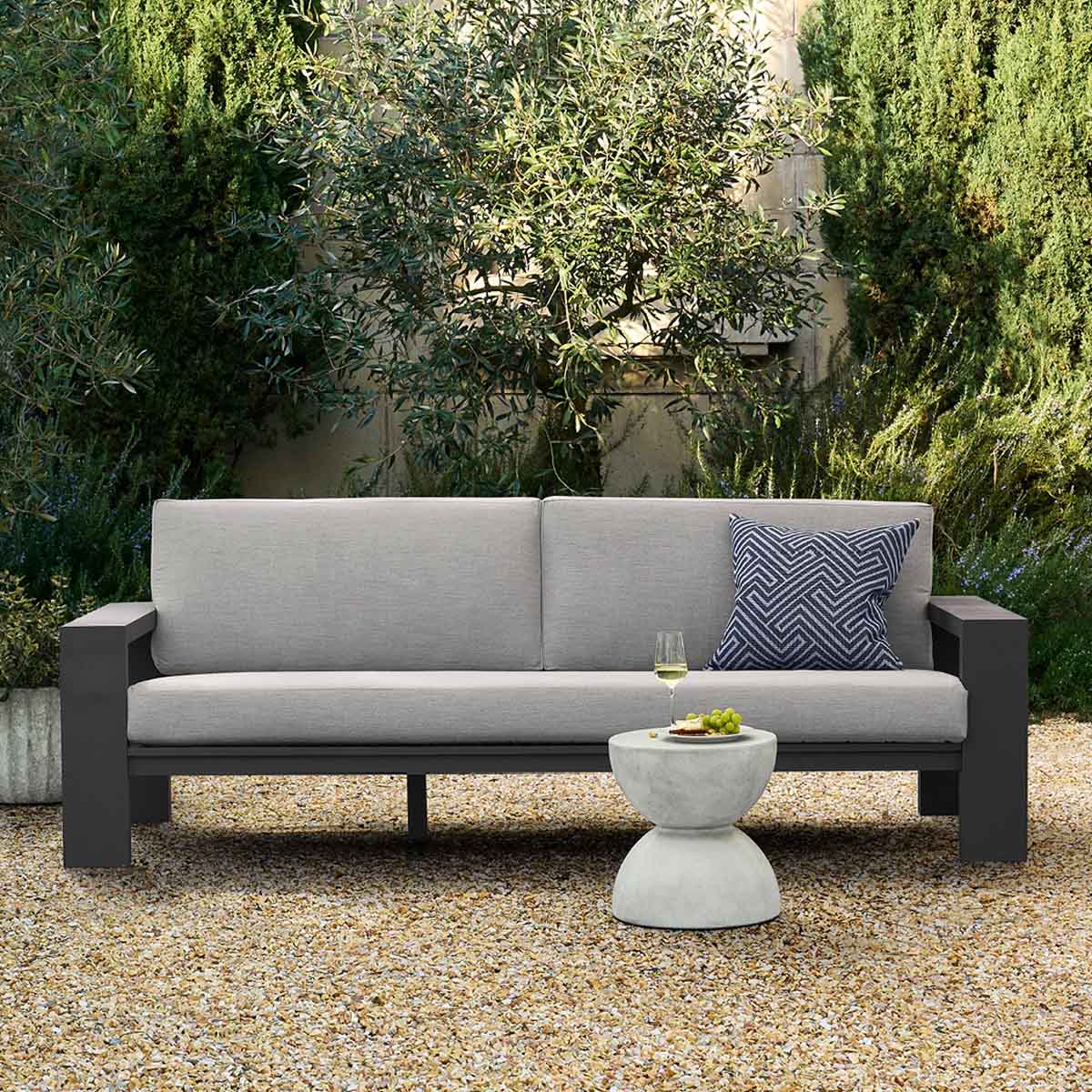 Williams Sonoma Larnaca Outdoor Slate Grey Metal Sofa (96-108) best metal outdoor sofas