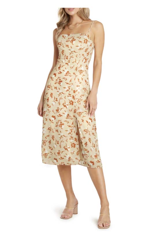 Willow Wendy Spaghetti Strap Midi Dress Cantaloupe floral print wedding guest dresses