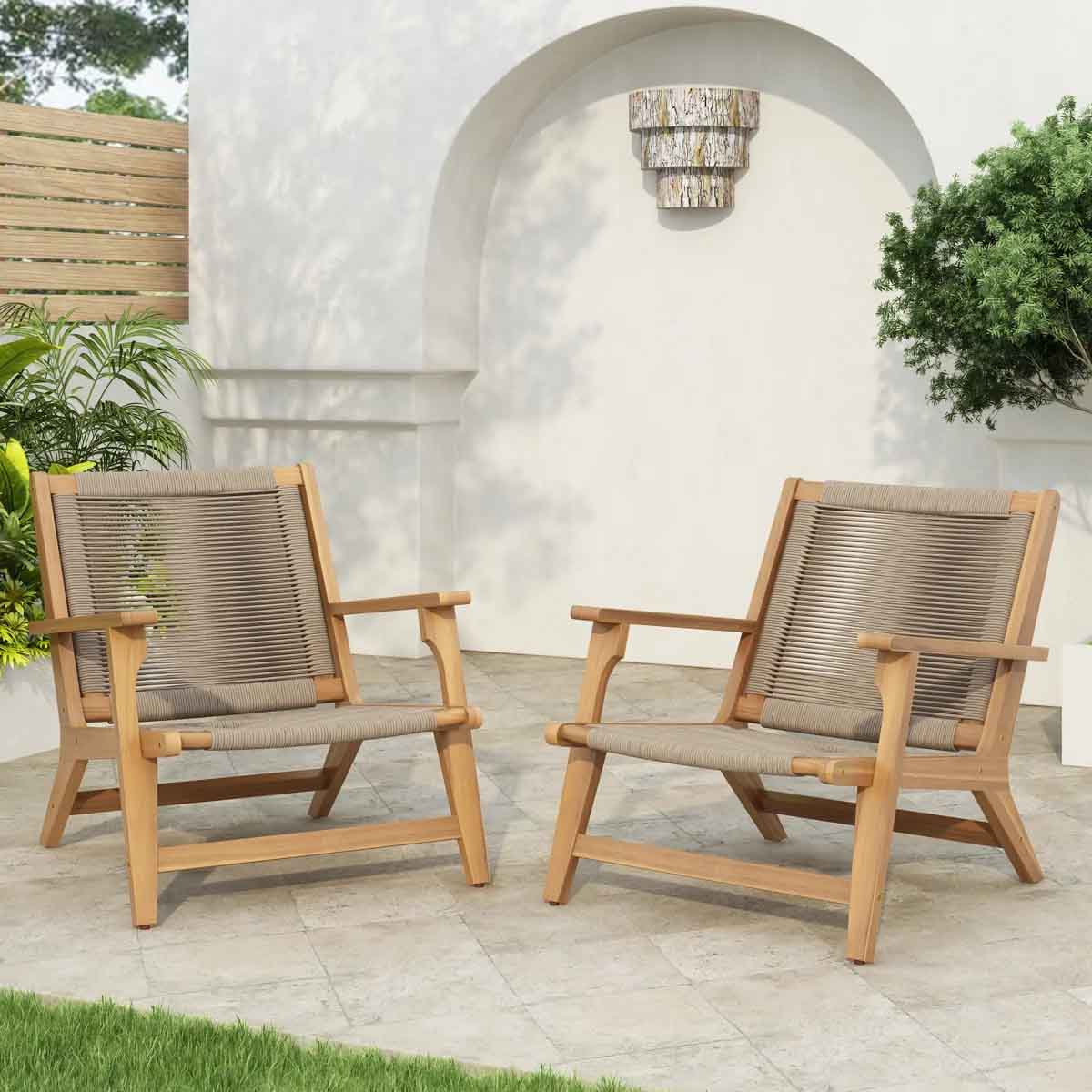 Winston Porter Sierra Modern Acacia Wood Rope Woven Outdoor Club Chairs (Set of 2) best outdoor rope chairs