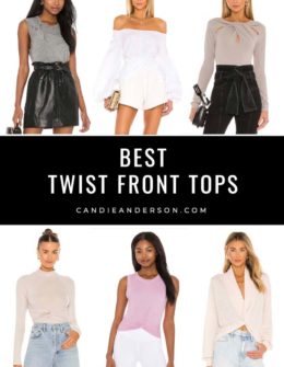 Twist front tops are a hot fashion trend for women of all ages! Style expert, journalist and fashion blogger Candie Anderson of candieanderson.com has the scoop on 20 of the best twist front tops for spring, summer, fall and winter! They will dress any basic outfit up and will elevate any look.