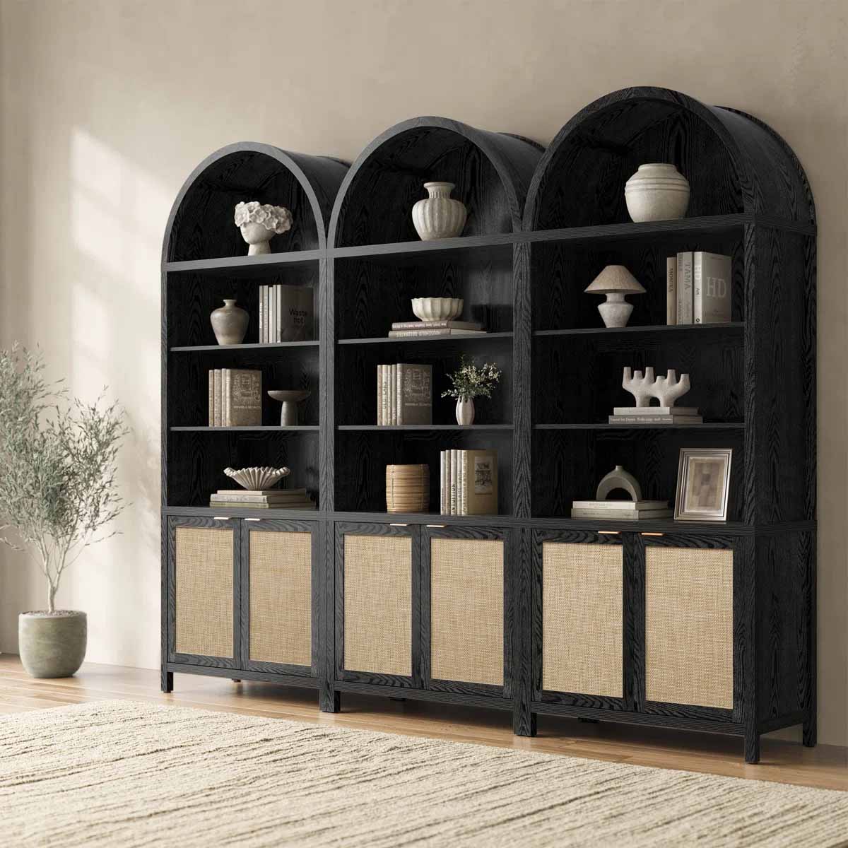Bayou Breeze Rattan Arched Bookcase (Set of 3) Black Oak best rattan bookcases