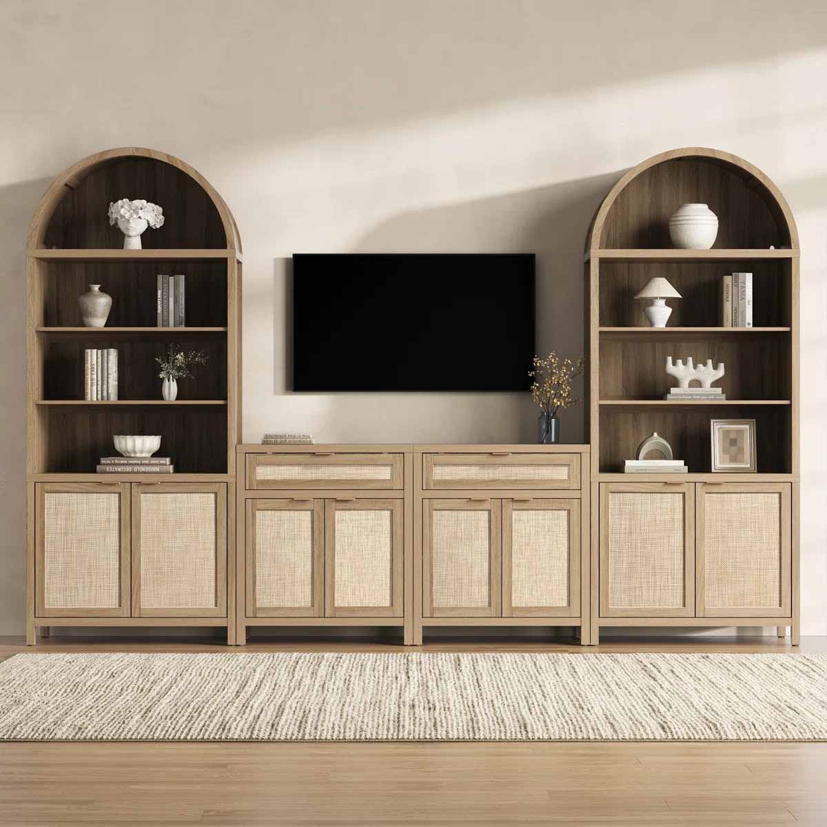 Bayou Breeze Rattan Arched Bookcase (Set of 3) Light Oak best rattan bookcases