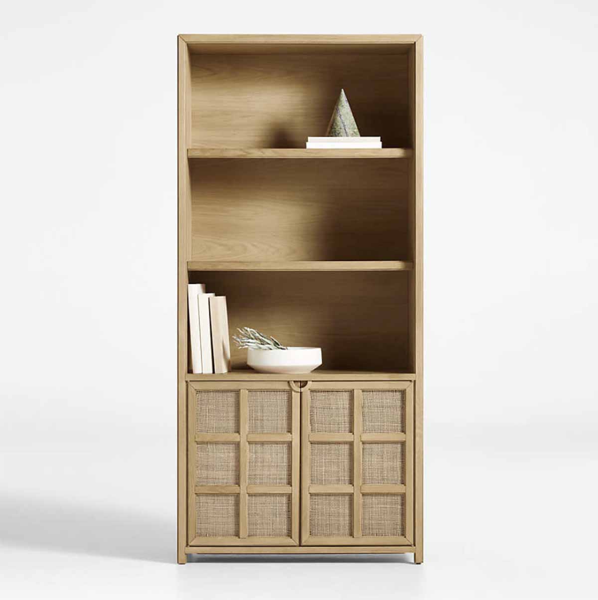 Crate & Barrel Campagna Rattan and Natural Oak Wood Storage Bookcase Cabinet best rattan bookcases