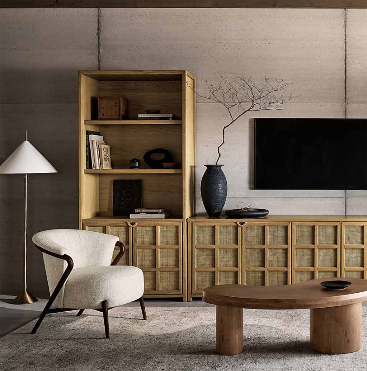 Crate & Barrel Campagna Rattan and Natural Oak Wood Storage Bookcase Cabinet best rattan bookcases