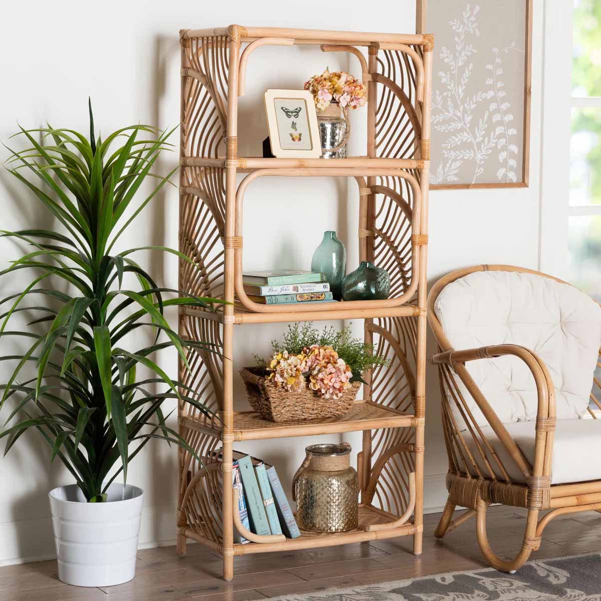 Dakota Fields Bali Pari Baara Natural Rattan Display Shelf rattan bookcases