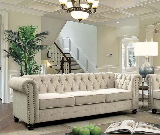 Darby Home Co. Neillsville 81" Linen Rolled Arm Chesterfield Sofa Beige upholstered chesterfield sofas nailhead trim