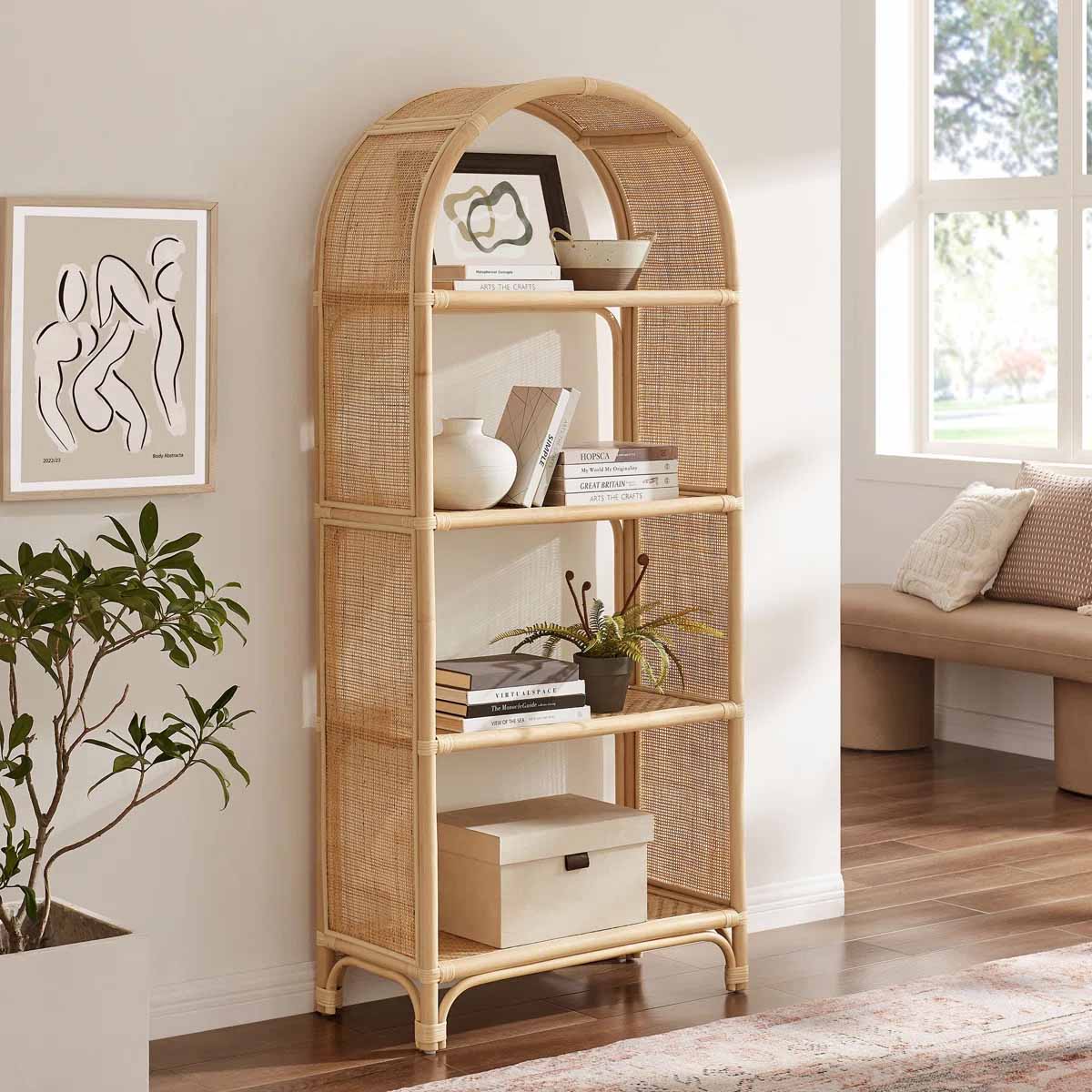 Modway Celeste 67 Inch Tall Arched Natural Rattan Bookshelf best rattan bookcases bookshelves