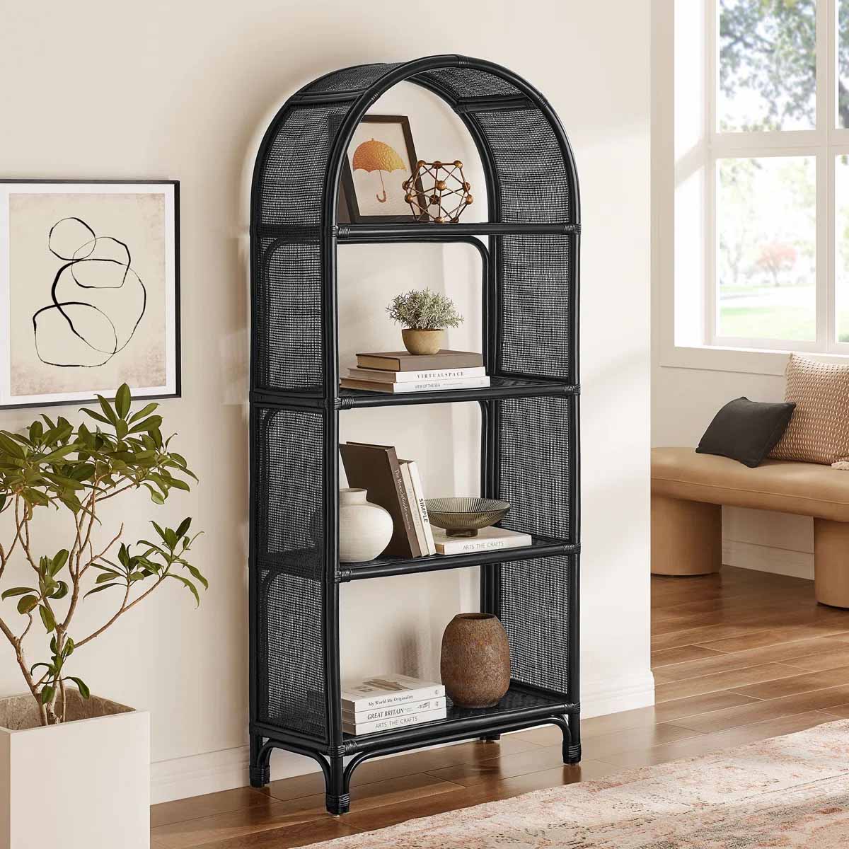 Modway Celeste 67 Inch Tall Arched Black Rattan Bookshelf rattan bookcases best
