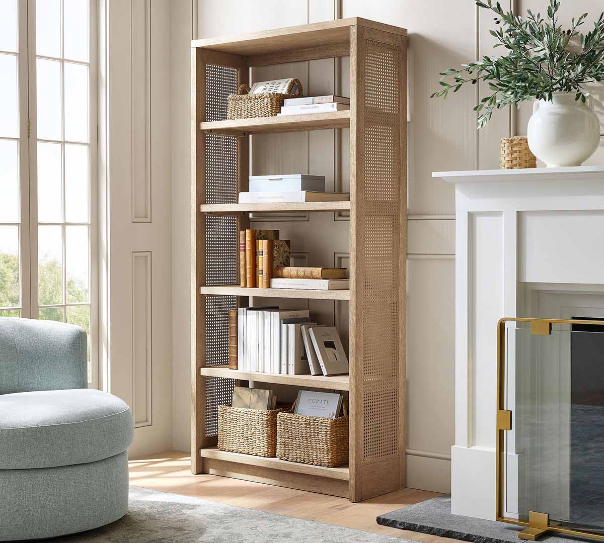 Pottery Barn Marina Cane Etagere Bookcase (36) best rattan bookcases