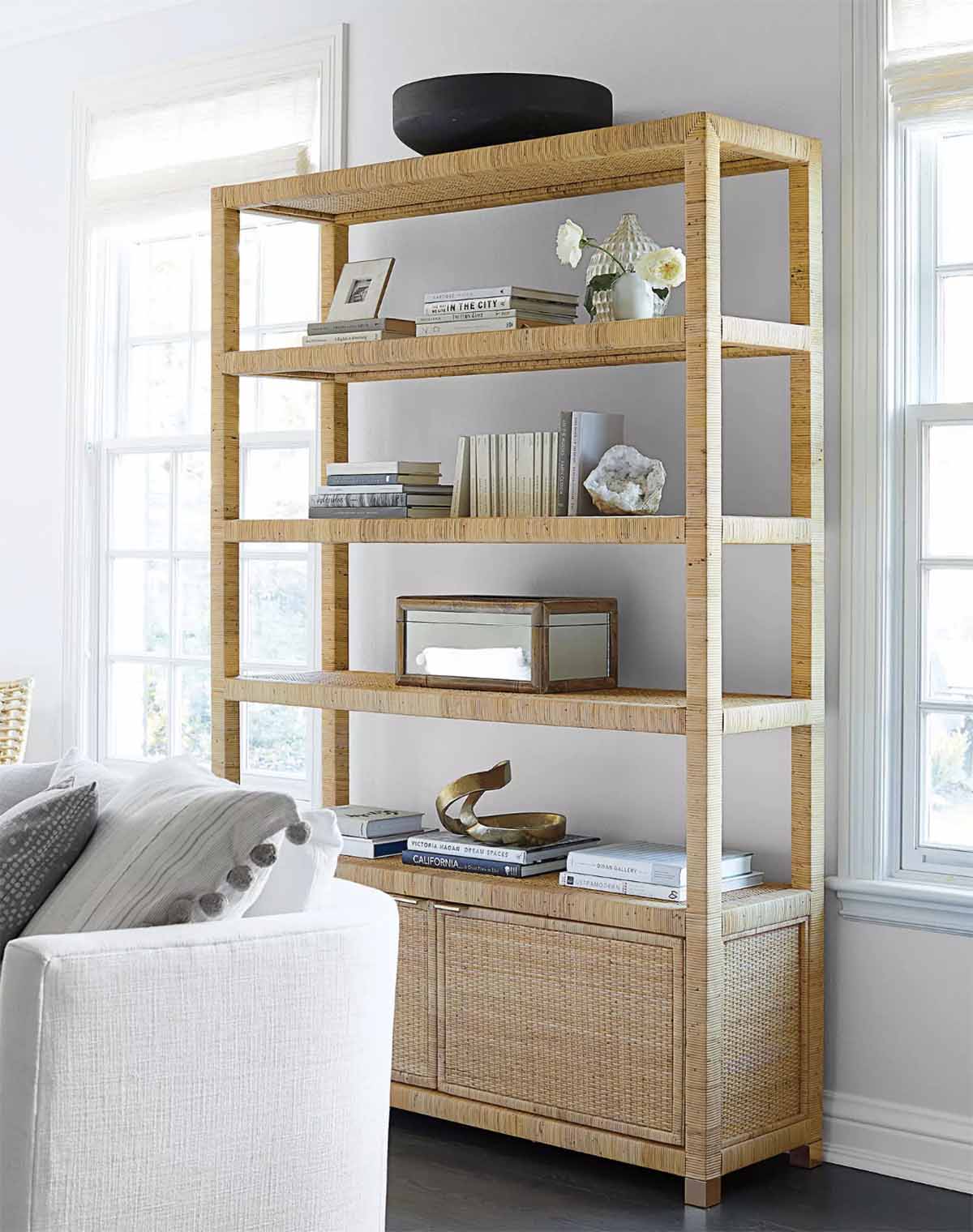 Serena and Lily Balboa Rattan Wide Bookshelf - Honey best rattan bookcases