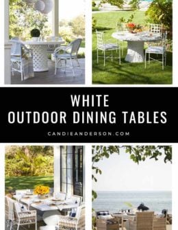 White outdoor dining tables are a hot interior design trend! Lifestyle expert, journalist and interior design blogger Candie Anderson of candieanderson.com has the scoop on 21 of the best white outdoor dining tables in every design style and trend.