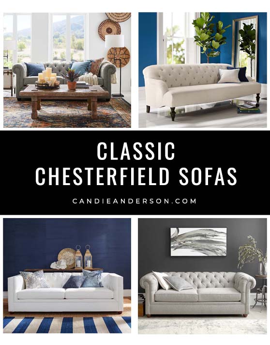 Lifestyle expert, journalist and interior design blogger Candie Anderson of candieanderson.com has the scoop on 22 of the best classic roll arm upholstered chesterfield sofas for your living room, family room or bedroom!