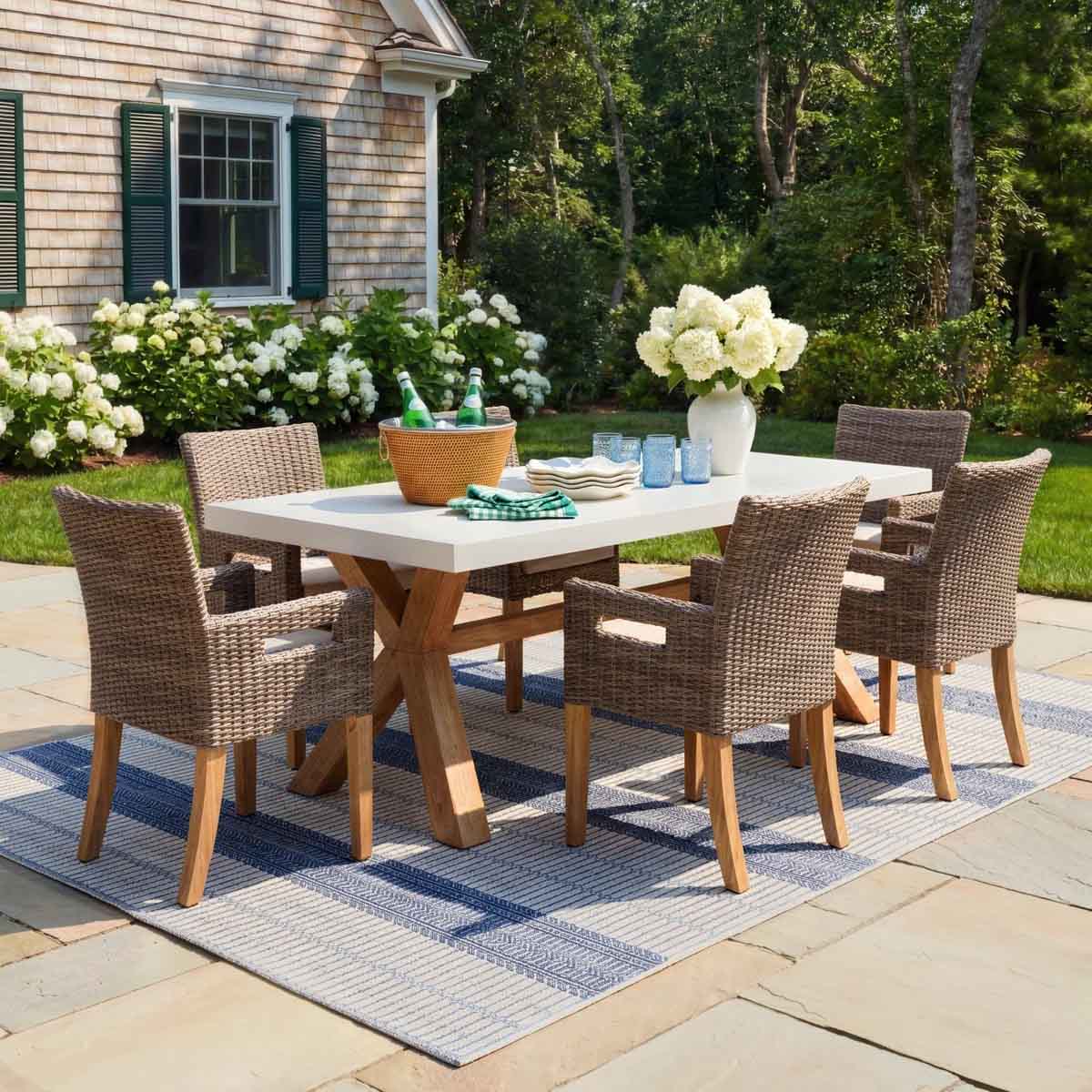 Birch Lane Fleur Set of 2 Fleur Outdoor Dining Armchairs with Cushion (Set of 2) best outdoor wicker dining chairs
