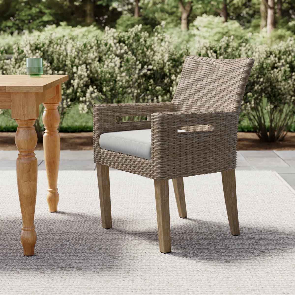 Birch Lane Fleur Set of 2 Fleur Outdoor Dining Armchairs with Cushion (Set of 2) best outdoor wicker dining chairs