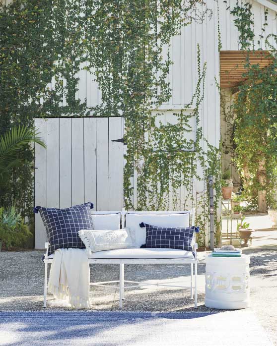 Serena and Lily Gardener Bench with White/Navy Cushion outdoor benches front porch