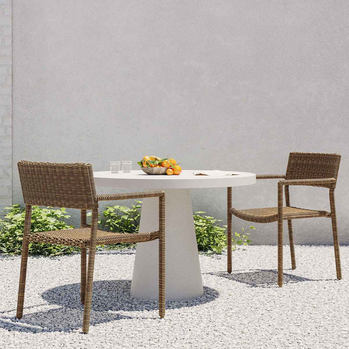 West Elm Westport Wicker Slim Profile Outdoor Stacking Dining Arm Chair (Set of 2) Natural best outdoor wicker dining chairs