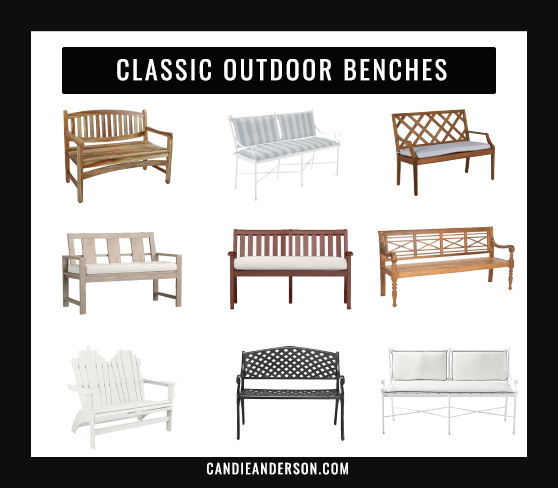 Lifestyle expert, journalist and interior design blogger Candie Anderson of candieanderson.com has the scoop on 20 of the best classic outdoor benches for your front porch, back patio and garden.