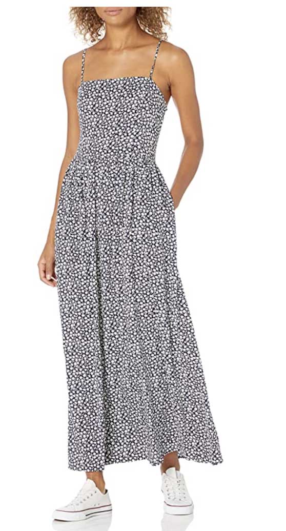 Amazon Brand - Goodthreads Women's Georgette Smock-Back Cami Maxi Dress Navy Scattered Floral Print casual maxi dresses fall 