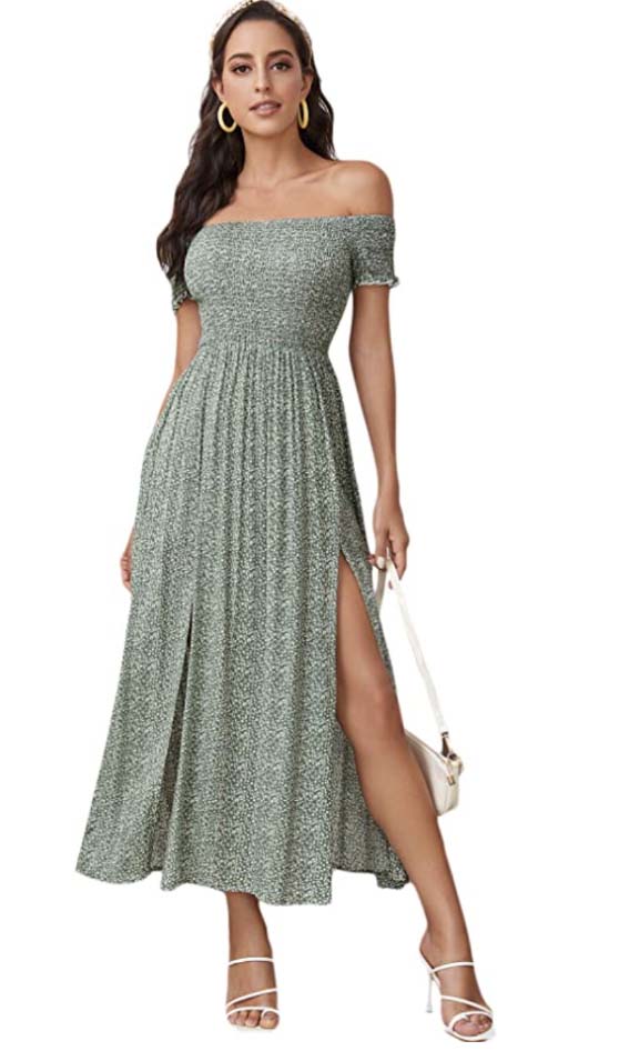Floerns Women's Boho Floral Print Off Shoulder Maxi Dress A Green casual maxi dresses fall