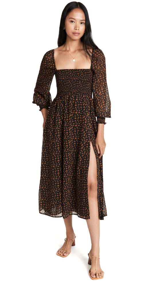 OPT Classic Smocked Maxi Dress Black Floral casual maxi dresses fall 