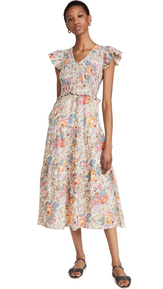 Sea Ines Floral Smocked Dress Cream floral print casual maxi dresses 