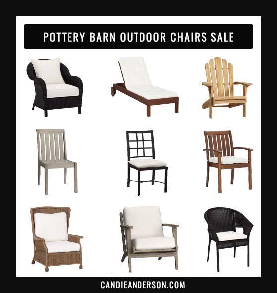 Lifestyle expert, journalist and interior design blogger Candie Anderson of candieanderson.com has the scoop on 20 of the best Pottery Barn Outdoor Chairs on sale at the famed Pottery Barn outdoor furniture sale! You will love the all-weather wicker chairs, the outdoor dining chairs, gorgeous chaise lounge chairs, modern patio chairs, English garden inspired chairs and more!