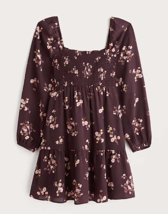 Abercrombie Long-Sleeve Smocked Mini Dress Burgundy Floral mini dresses fall