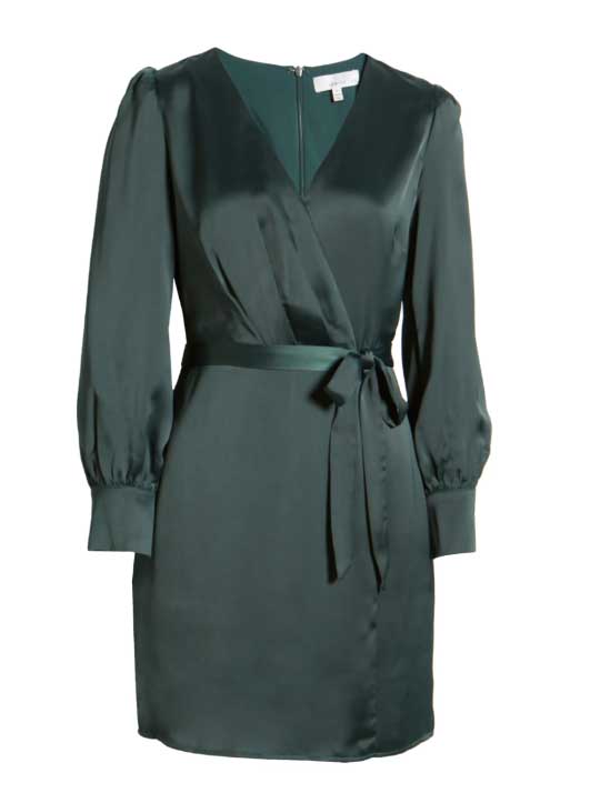 Adelyn Rae Matte Sateen Faux Wrap Long Sleeve Minidress Forest Green mini dresses