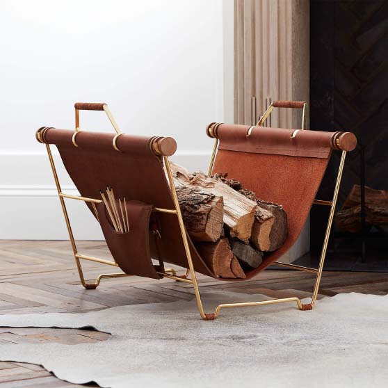 CB2 Leather Firewood Tote Brown best fireplace log holders