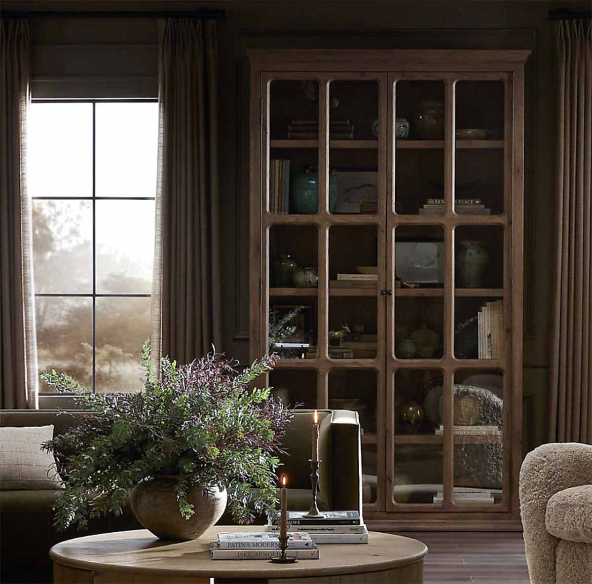 Crate and Barrel Amos 55" Weathered Oak and Glass Storage Display Cabinet rustic display cabinets best