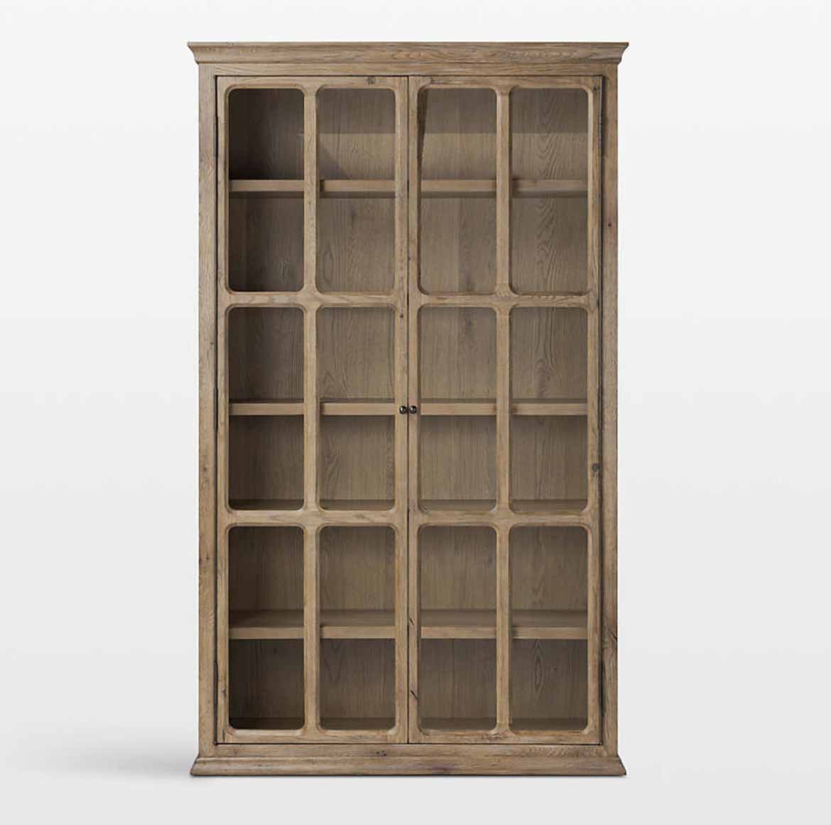 Crate and Barrel Amos 55" Weathered Oak and Glass Storage Display Cabinet rustic display cabinets best