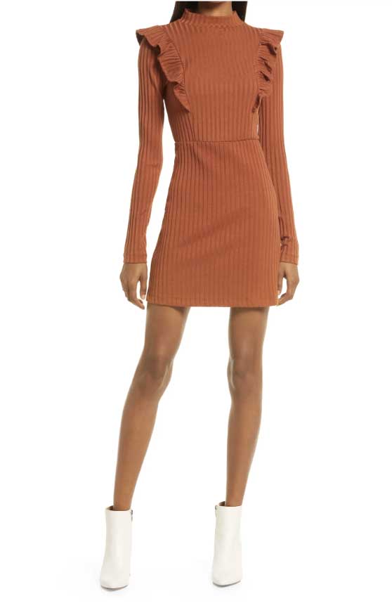 Lost + Wander New Love Long Sleeve Rib Minidress Cognac best mini dresses fall 