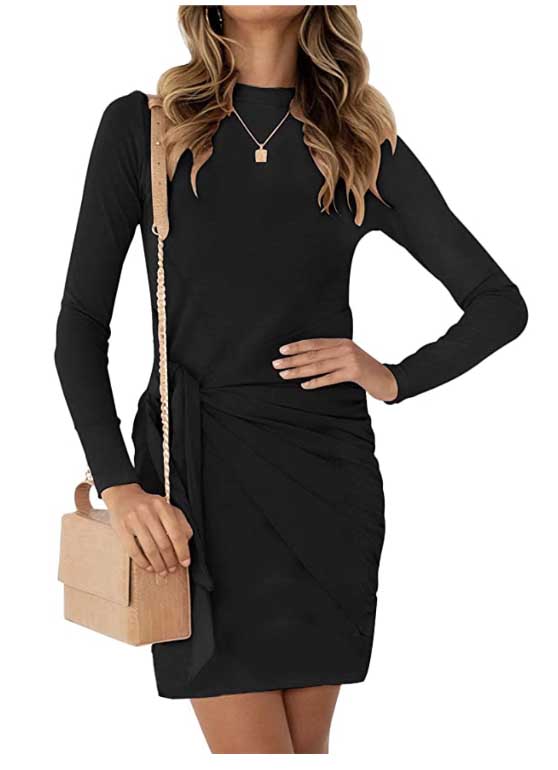 MEROKEETY Women's Long Sleeve Tie Waist Mini Dress Black mini dresses