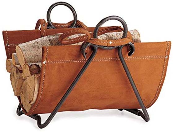 Pilgrim Home and Hearth Forged Iron Log Carrier Brown Suede fireplace log holders